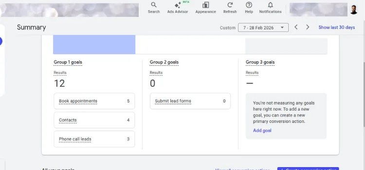 Google Ads goals and conversions summary separating bookings, contacts, and calls